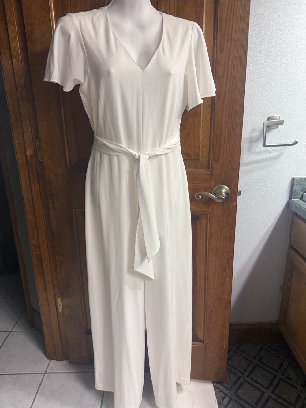 Preston & York Cream V-Neck Wide-Leg Jumpsuit with Tie Waist